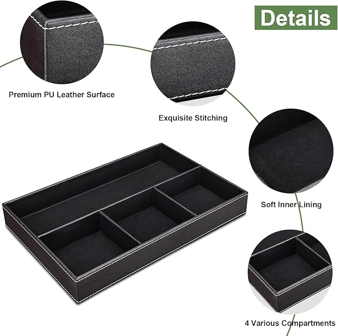 GORESE Faux Leather Valet Tray for Men, Stackable Jewelry Trays Drawer Organizer Tray Nightstand Organizer for Men, EDC Tray for Key, Wallet, Sunglass, Watch, Coin, Phone, Cologne - Black-NeatNest