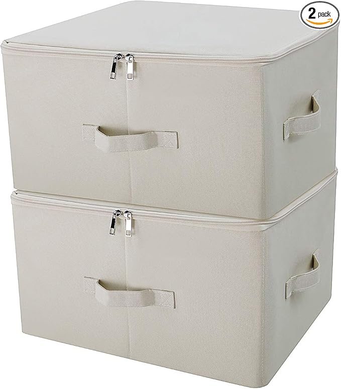 Collapsible Rigid Storage Bins with Lid, Shelves Clothes Storage Cubes, Tide Up Your Wardrobe, Beige, Set of 2-NeatNest