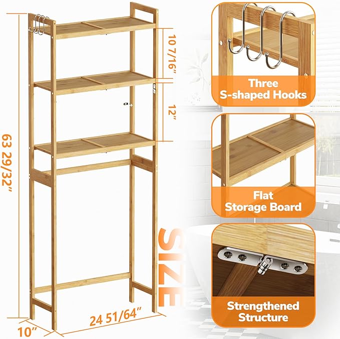 AMBIRD Over The Toilet Storage, 3-Tier Bathroom Organizer Over Toilet with Sturdy Bamboo Solid Shelves, Non-Slip Pads and 3 Hooks, Multifunctional Behind Toilet Shelf Rack, Space Saver (Original)