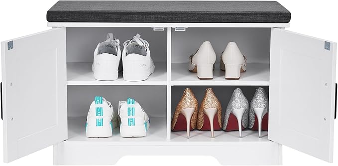 2-Tier Storage Bench, Shoe Bench with Padded Seat Cushion, Entryway Bench with 2 Barn Doors, Adjustable Shelf, 13.8" D x 27.6" W x 17.7" H, for Entryway, Living Room, Bedroom, White-NeatNest