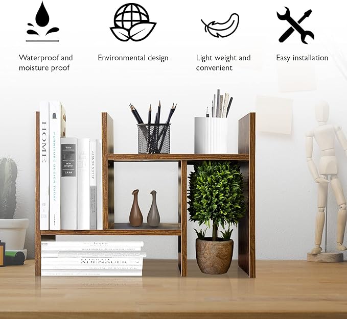 BROWN-BROWN Adjustable Wood Desk Shelf Organizer Office Home Multipurpose Desktop Shelf, Display Shelf Rack Top Mini Bookcase, Free Style Display Desktop Organization-NeatNest