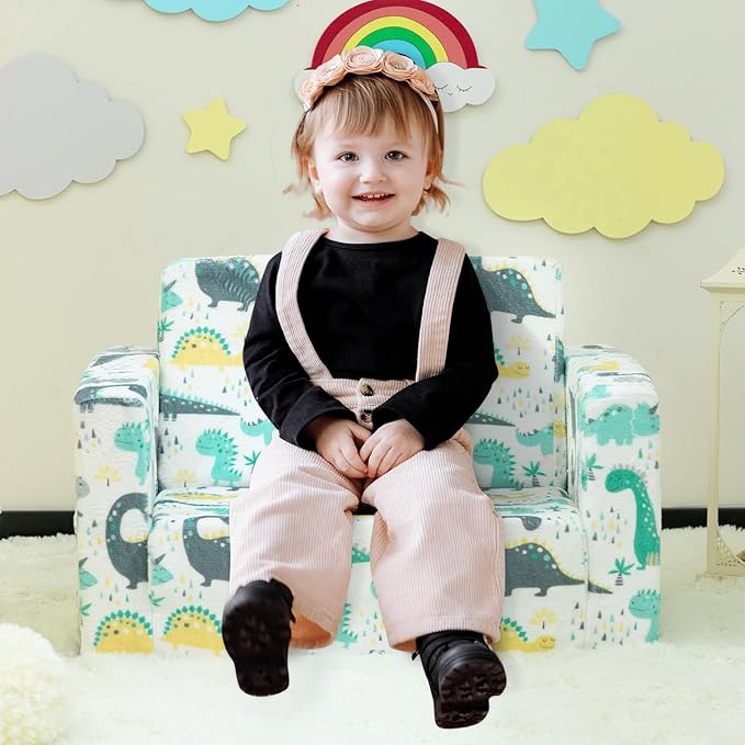 ALIMORDEN 2-in-1 Flip Out Cuddly Sherpa Toddler Couch, Convertible Sofa to Lounger, Dinosaur-NeatNest