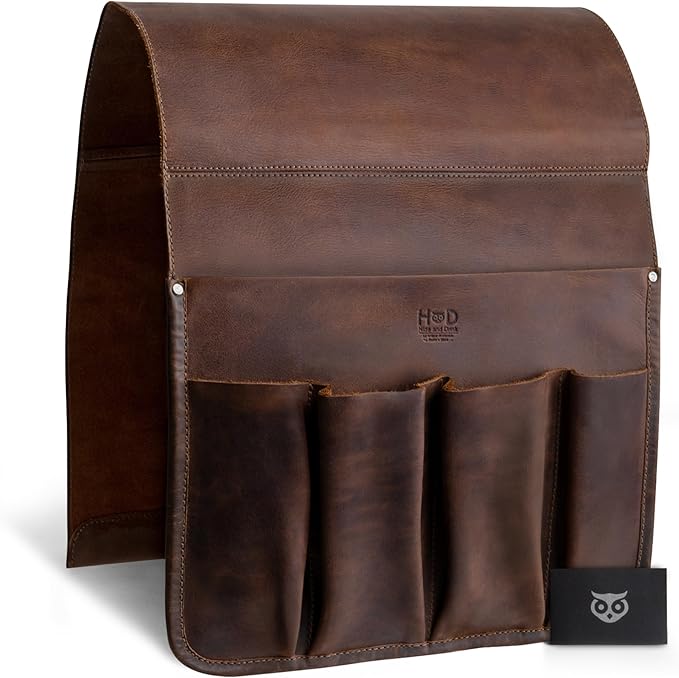 Hide & Drink, Remote Control and Magazine Holder, Sofa Armrest Organizer Pouch, Couch Potato Essentials, Armchair Caddy, Full Grain Leather, Handmade, Bourbon Brown-NeatNest