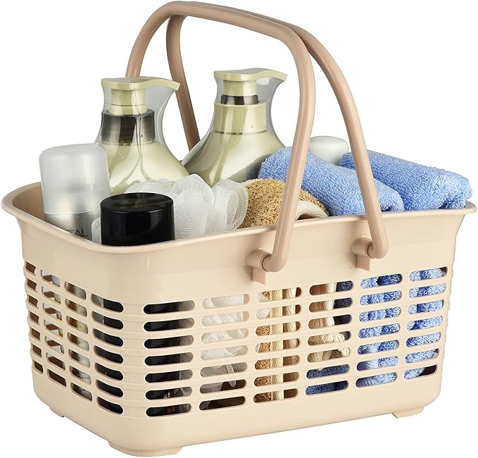 ALINK Plastic Shower Caddy Basket with Handle, Portable Organizer Storage Basket for College Dorm, Bathroom, Kitchen - Khaki