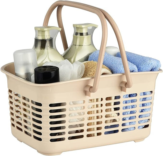 ALINK Plastic Shower Caddy Basket with Handle, Portable Organizer Storage Basket for College Dorm, Bathroom, Kitchen - Khaki