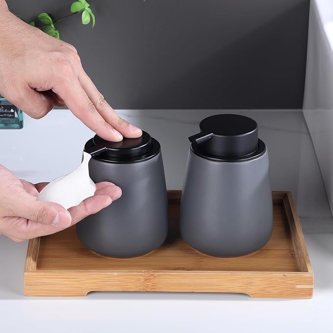 12Oz Grey Foaming Soap Dispenser - Ceramic Foam Hand Soap Dispenser Set with Easy-to-Press Pump, Refillable Liquid Dish Soap Dispensers for Bathroom and Kitchen, 2 Pack-NeatNest