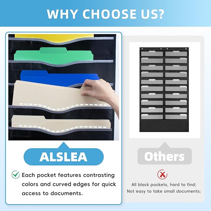 22 Pockets Hanging Wall File Organizer, Sturdy Legal/Letter Size Manila File Folders Organizer, Classroom Pocket Chart with 2 Writable Clear Pockets, 6 Wall/Door Hooks & 24 Labels (Black)