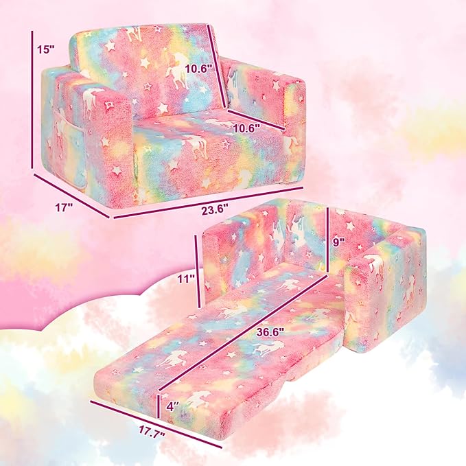 ALIMORDEN 2-in-1 Flip Out Cuddly Sherpa Toddler Couch, Convertible Sofa to Lounger,Glow-in-The-Dark Unicorn Pattern-NeatNest