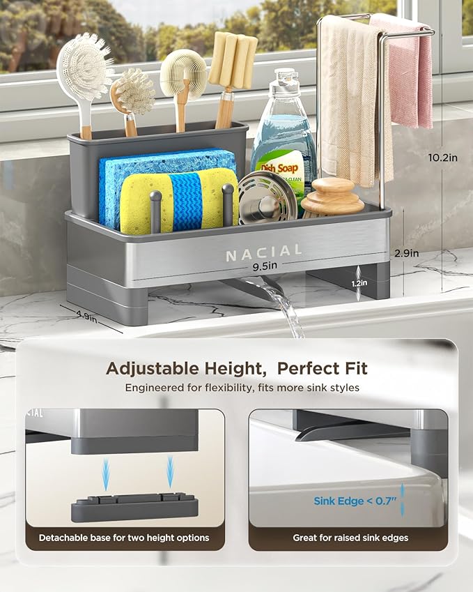 Nacial Sponge Holder for Kitchen Sink, Sink Caddy Organizer with High Brush Holder, Two Towel Racks & Soap Dispenser- Rustproof 304 Stainless Steel Kitchen Countertop Storage Essentials - Gris-NeatNest