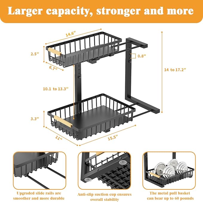 2-Tier Slide Out Under Sink Organizer – 2-Tier Pull-Out Storage Rack, Bathroom organizers and storage for Kitchen and Bathroom, Space-Saving Cabinet Organizer, Rustproof,（Black)(1 Pack)-NeatNest