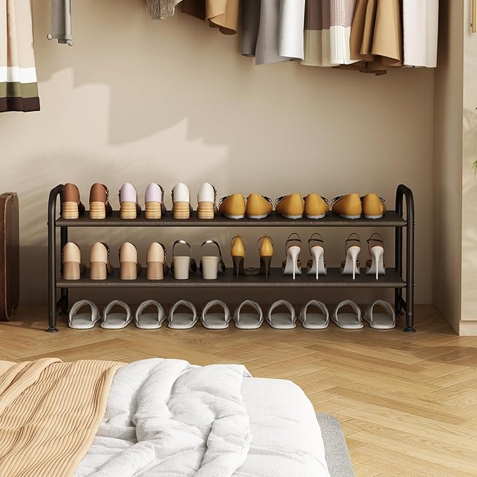 Shoe Rack 2 Tier Long Storage Organizer Wide Metal Shoe Shelf for Closet Entryway Brown-NeatNest