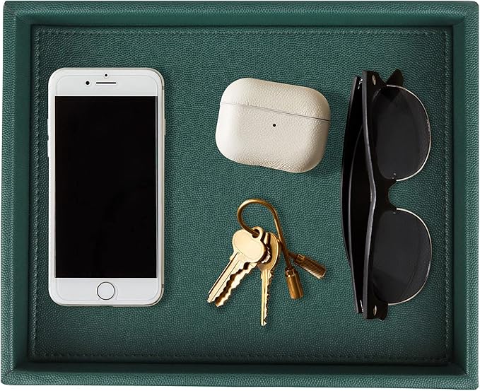 HofferRuffer Faux Leather Decorative Tray, Elegant Desktop Storage Organizer, Decorative Catchall Perfume Tray, Nightstand or Dresser Vanity Tray Organizer, 10.2 x 8.4 x 1.8 inches (Dark Green)-NeatNest