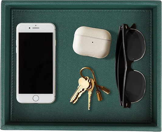 HofferRuffer Faux Leather Decorative Tray, Elegant Desktop Storage Organizer, Decorative Catchall Perfume Tray, Nightstand or Dresser Vanity Tray Organizer, 10.2 x 8.4 x 1.8 inches (Dark Green)-NeatNest