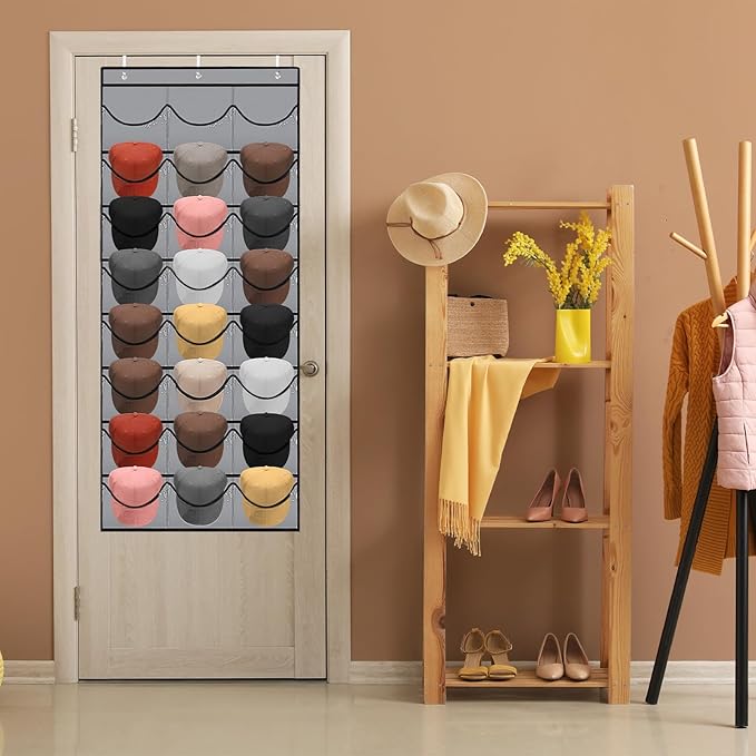 Hat Rack for Baseball Caps, 24 Pocket Over The Door Hat Organizer Storage, Hat Holder for Door with 3 Hooks, Grey - 1 Pack-NeatNest