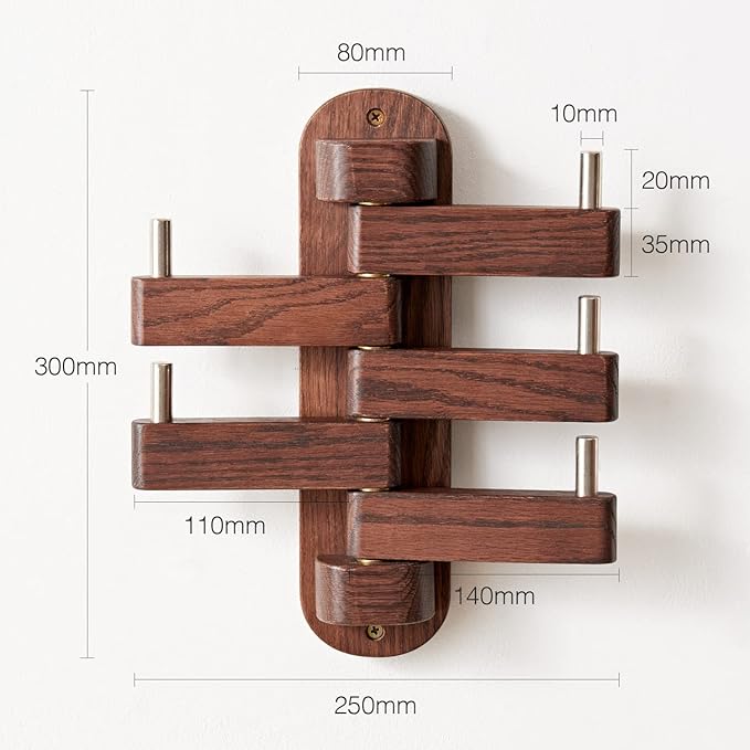 Coat Hooks for Wall, Oak Wood Wall Hooks with 5 Swivel Foldable Arms, 12'' Length Coat Rack Hat Hooks for Bathroom Entryway Bedroom Office Kitchen, Heavy Duty (Walnut)-NeatNest