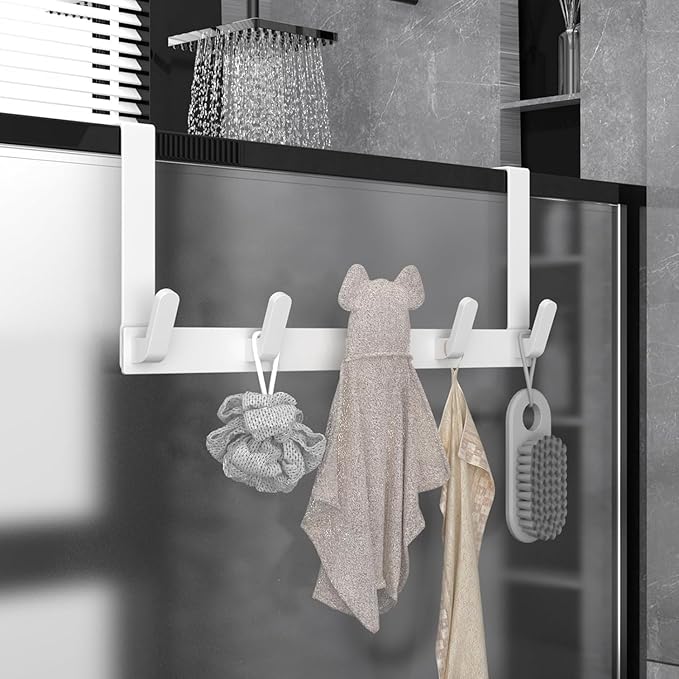 Over The Door Hooks Hanger with Extended Arms,L7U,Fits 1 3/8" Doors, Bathroom Accessories and Towel Rack Organizer Holder for Coat Robe Hat,White