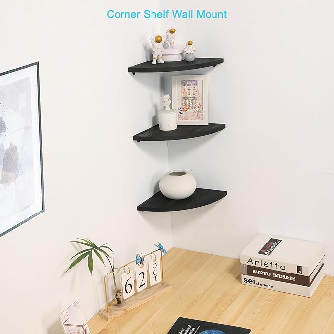 Joiishom Corner Wall Shelf Set of 3, Floating Corner Shelves, Rustic Wood Wall Storage Display Shelves for Living Room Bedroom Bathroom Kitchen (Round Edge-Black)-NeatNest