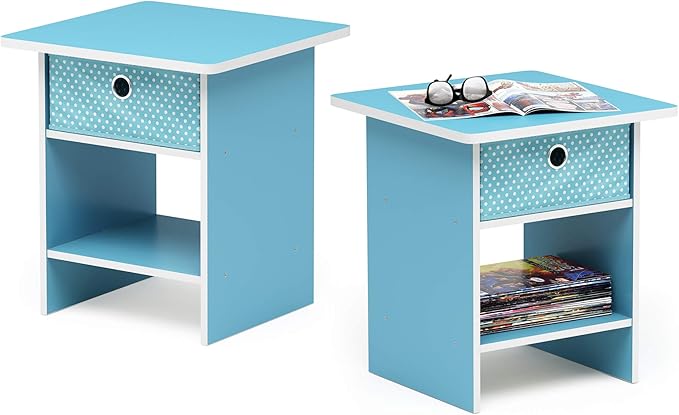 Furinno Dario End Table / Side Table / Night Stand / Bedside Table with Bin Drawer, 2-Pack, Light Blue/Light Blue