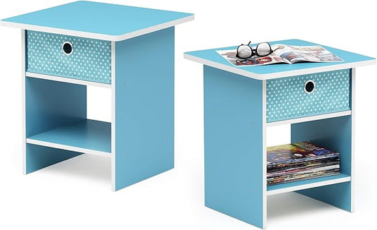 Furinno Dario End Table / Side Table / Night Stand / Bedside Table with Bin Drawer, 2-Pack, Light Blue/Light Blue