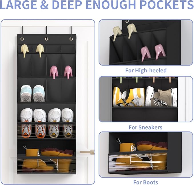 FENTEC 2 Pack Over the Door Shoe Organizer, Hanging Shoe Organizers with Large Pockets Shoe Holder Hanging Shoe Rack for Closet Shoe Organizer for Wall, Over Door Organizer with 30 Pockets, Black-NeatNest