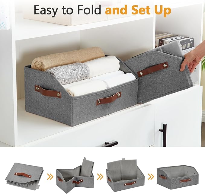 Closet Organizers and Storage, Linen Trapezoid Storage Bins with Handles, Collapsible Shelf Organizer for Blanket, Towel, Clothes, Hats, Purse (Gray)-NeatNest