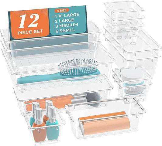 12 PCS Drawer Organizer Set, 4 Sizes Storage Drawer Units, Clear Plastic Makeup Vanity Organizer and Storage Bins for Makeup, Stationeries, Multiple Gadgets for Bathroom, Office, Bedroom-NeatNest