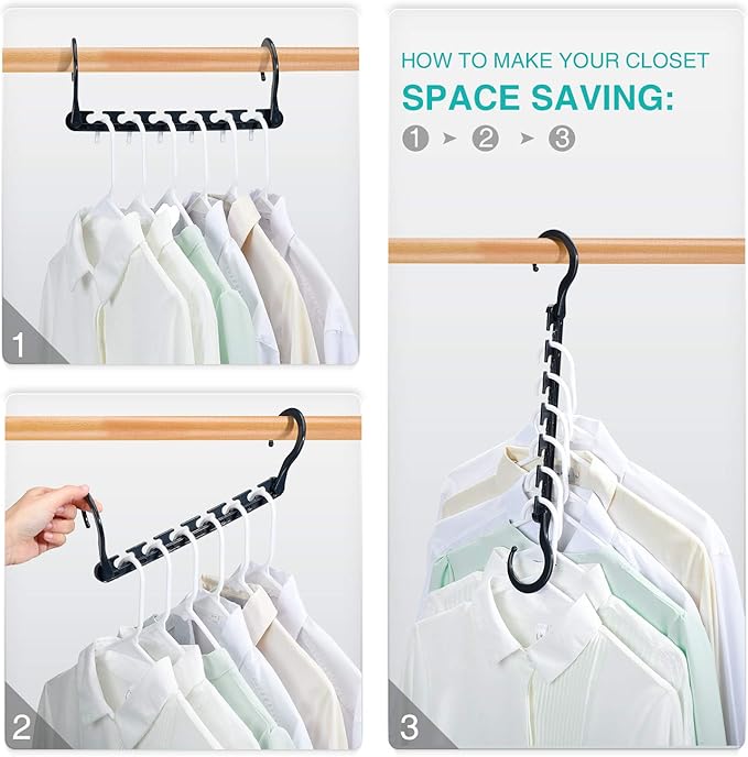 HOUSE DAY Sturdy Plastic Space Saving Hangers 12 Pack, Cascading Hangers Organizer Closet Space Saver 80% and Wrinkle Free Clothes, Multi Collapsible Hanger for Heavy Clothes, Shirts, Pants (Black)-NeatNest