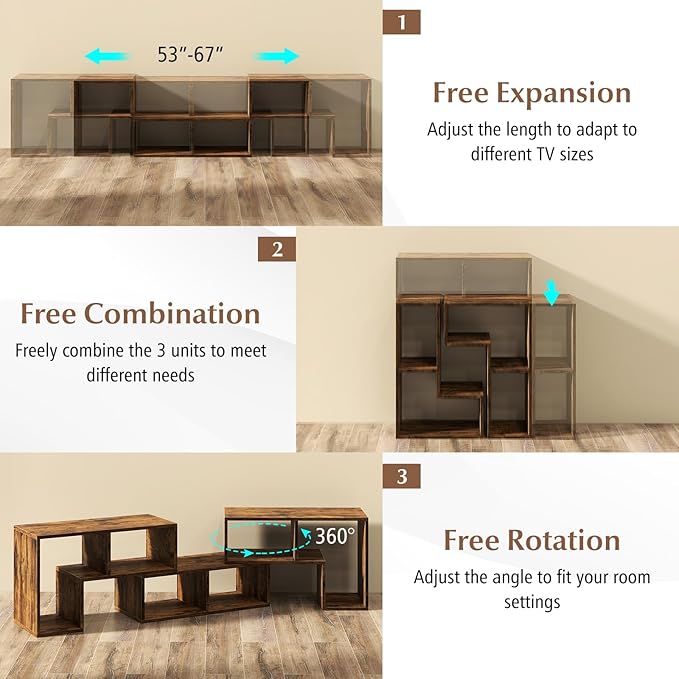 Giantex Free-Combination TV Stand for Bedroom - Entertainment Center for 50 55 60 65 Inch TV, 3-Piece Media Console Table with Storage Cubes, Deformable Open Storage Bookcase Shelf (Brown)-NeatNest