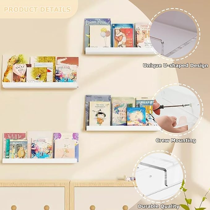 4 Pack Floating Shelves for Wall, 15" x 4" Acrylic Book Shelf for Plants, Toys, Book, Photo, Mounted Display Shelf Organizer in Bathroom, Room, Living Room Decor, Clear-NeatNest