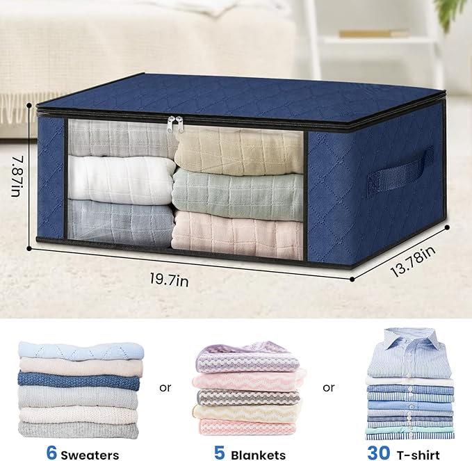 HomeHacks Storage 8-Pack Clothes Organizer Storage Bags Foldable Storage Box with Large Clear Window Sturdy Handles for Closet, Dorm, Pillows, Bedding, Clothes, Blankets, 35L, Blue-NeatNest