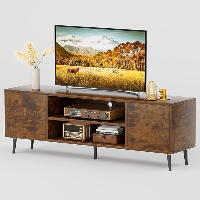 JUMMICO TV Stand for 65 Inch TV, Mid Century Modern TV Stand, Entertainment Center with Storage Cabinet and Open Shelves, TV Console Table Media Cabinet for Living Room, and Bedroom (Rustic Brown)-NeatNest