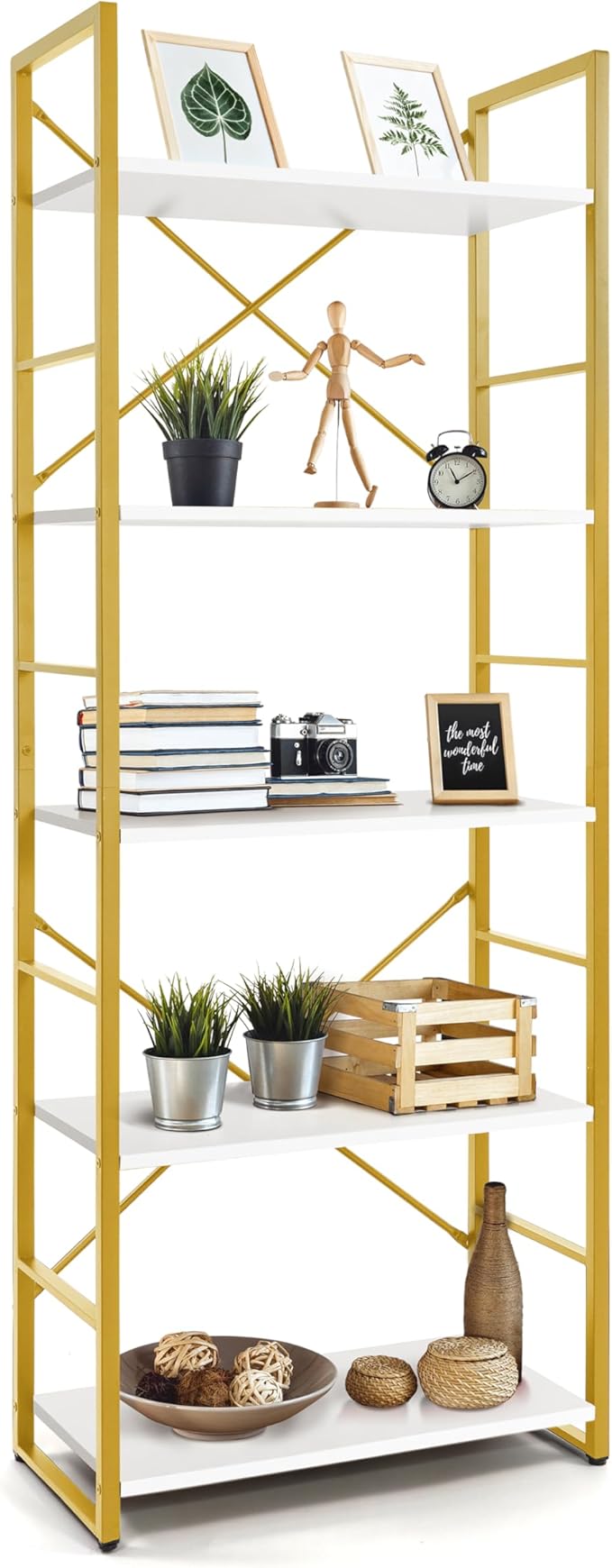 CAPHAUS 5 Tier Bookshelf, 24 Inch Width Free Standing Shelf, Bookcase Shelf Storage Organizer, Industrial Book Shelves for Home Office, Living Room, Kitchen, White Wooden Shelves & Gold Frame-NeatNest