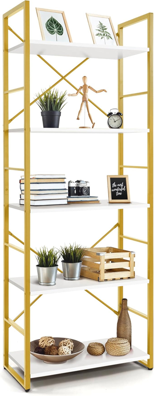 CAPHAUS 5 Tier Bookshelf, 24 Inch Width Free Standing Shelf, Bookcase Shelf Storage Organizer, Industrial Book Shelves for Home Office, Living Room, Kitchen, White Wooden Shelves & Gold Frame-NeatNest