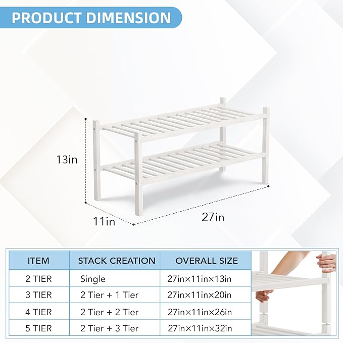 2 Tier Bamboo Shoe Rack Storage Organizer for Closet, Multifunctional Stackable Free Standing Shoe Shelf Organizer for Small Space,Entryway, Hallway, Bathroom27 x11 x13 (White, 2 Tier)-NeatNest
