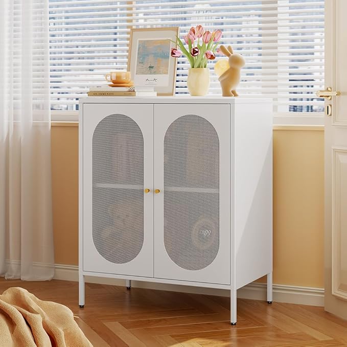 2 Door Metal Mesh Storage Cabinet with 1 Adjustable Shelves-Steel Locker Cabinet for Living Room, Bedroom, Hallway, Office Room, Home, Hotel, Kitchen, Garage, 2-Tier (Mesh Door, White)
