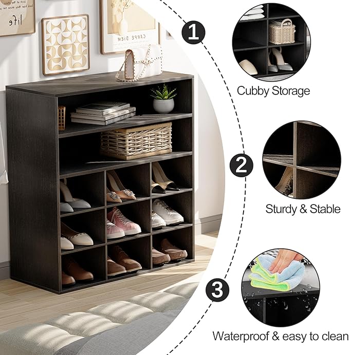 Garden 4 you Shoe Rack Organizer, 5-Tier Wood Cubby Shoe Rack with 2 Storage Shelf and 9 Cubbies, Shoe Organizer Cabinet for Entryway, Hallway, Closet and Garage,Black-NeatNest