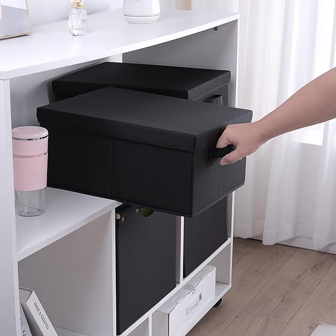 HOONEX Storage Bins with Lids for Organizing, Pack of 2, Storage Boxes with 2 Carrying Handles and Sturdy Heavy Cardboard, 16.5" L x 11.8" W x 7.5" H for Shoes, Books, Clothes, Black-NeatNest