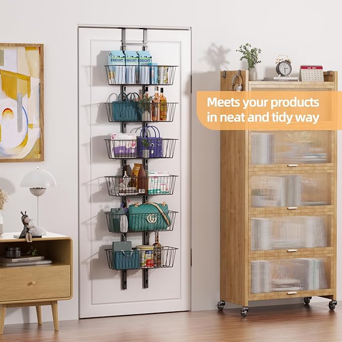 6-Tier Over The Door Pantry Organizer, Metal Hanging Storage Shelf with Adjustable 6 Baskets, Space-Saving Design Hanging Spice Rack for Kitchen, Bathroom, Laundry Room, Black