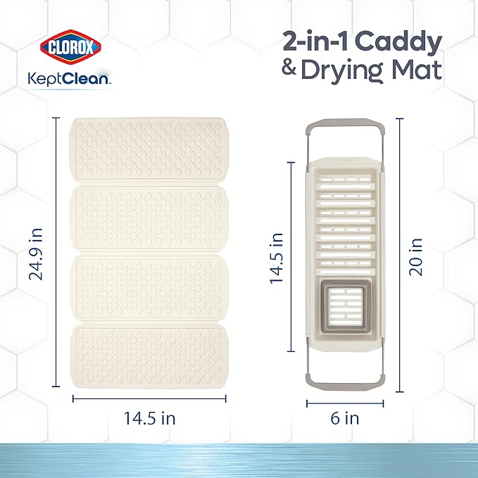 Clorox KeptClean 2-Piece Folding Kitchen Sink Mat and Sink Organizer – Folding Mat for Elevated Drying and Storage, Extending Organizer Dries 6 Plates, Flips to Dry Accessories – Almond Cream