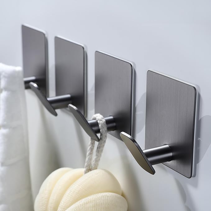 DELITON Towel Hooks for Bathrooms - 4 Pack Adhesive Wall Hooks Heavy Duty No Damage, Coat Robe Sticky Hooks for Hanging Waterproof SUS304 Stainless Steel, Grey-NeatNest