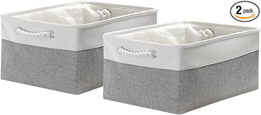 Fabric Storage Bins, 2 Pack Foldable Cube Baskets with Rope Handles, Large Collapsible Storage Cubes for Home, Office, Closet, Clothes, Books Organizer. (White and Gray, 2PCS/16*12.6*8.2inch)-NeatNest