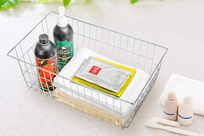 Freezer Wire Storage Baskets,Farmhouse Organizer Storage Bins Large Organizer Bins for Laundry Room, Closets, Garage, Office, Bathroom, Pantry Organization Storage Bins -Set of 2 (Chrome)