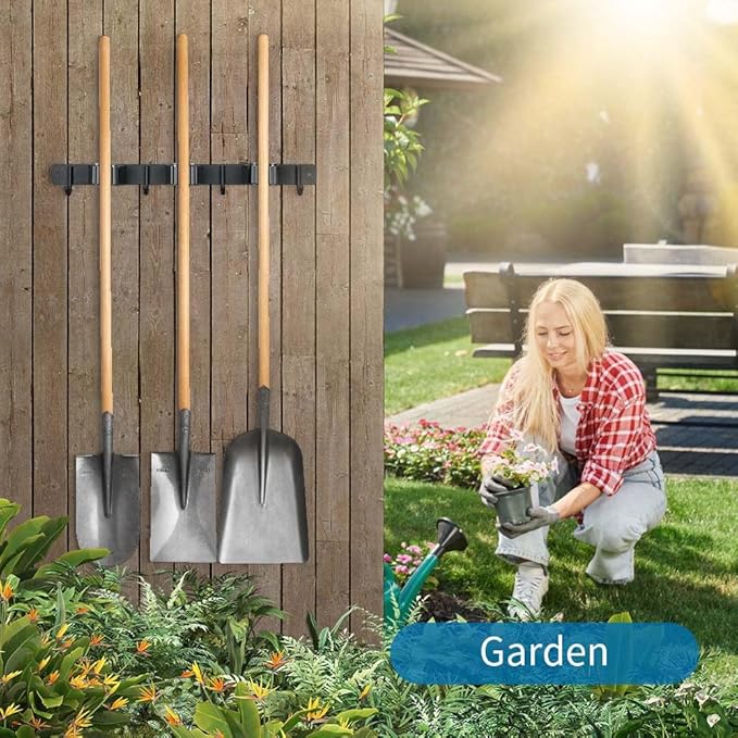Broom Hanger and Mop Holder, Heavy Duty Garden Tool Organizer Rack Rake and Shovel Handle, Stainless Steel Wall Mounted Utility Rack with Screws (5 Racks with 4 Hooks, Matte Black).-NeatNest