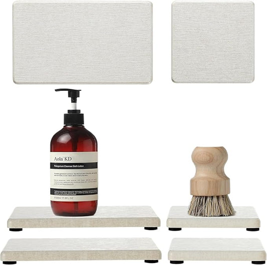 4PCS Bathroom Sink Vanity Trays, Diatomaceous Earth Quick Stone Drying Mat Kitchen Counter Dish Soap Dispenser Sponge Holder, Water Absorbing Caddy Organizer for Bottle & Cup, Beige-NeatNest