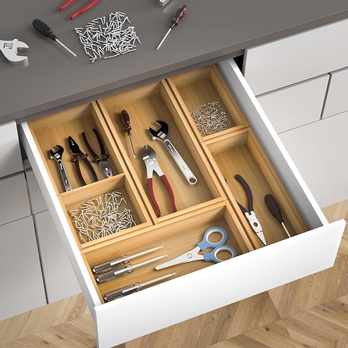 Bamboo Drawer Organizer Set, 5-PCS Adjustable Kitchen & Office Drawer Organizers, Multipurpose Storage Trays for Utensils, Makeup, Jewelry, Bathroom & Desk Accessories-NeatNest