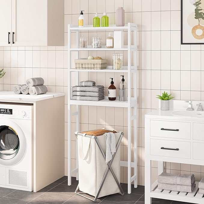 HOOBRO Over The Toilet Storage Shelf, 4 Tier Over Toilet Bathroom Organizer, 23.6" L x 9.4" W x 65.7" H, Space-Saving, Stable, Easy Assembly, for Bathroom, Laundry, Restroom, White WT04TS01G1