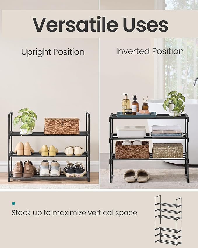 SONGMICS Shoe Rack, 3-Tier Shoe Organizer, Metal Storage Shelf, Upright or Upside Down, for 8-12 Pairs, Stackable, for Entryway, 11.8 x 26.8 x 21.7 Inches, Black ULSA203B01-NeatNest