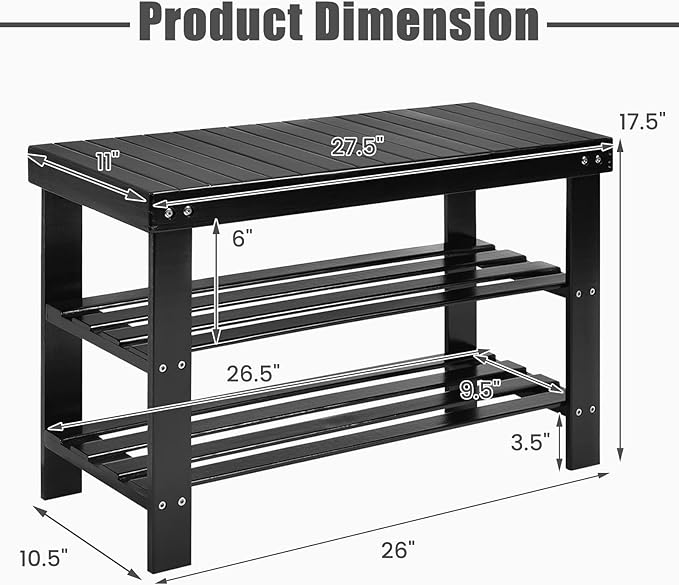Giantex Entryway Shoe Bench, Bamboo Shoe Shelf Organizer Holds up to 6 Pairs, 3-Tier Black Shoe Storage Rack Heels, Slippers for Entry, Living Room, Bathroom (Black)