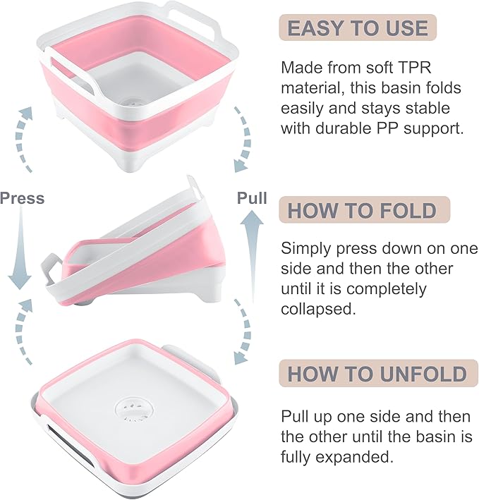 2.4 Gal(9L) Collapsible Dish Basin with Drain Plug, Space Saving Outdoor Multiuse Foldable Sink Tub, Dishpan, Kitchen Storage Tray for Camping, Vegetable Washing, RV (Pink)-NeatNest