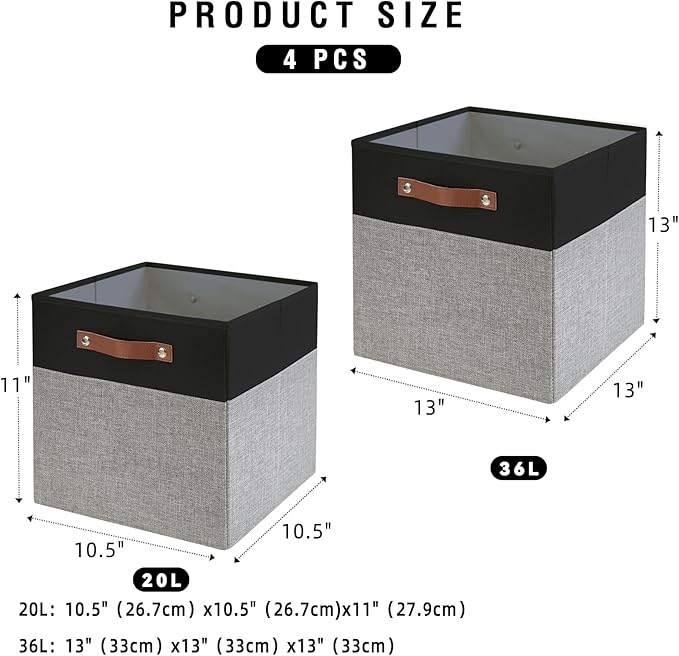 Collapsible Fabric Storage Cube Bins with 2 Reinforced PU Handles, Foldable Storage Organizer Baskets for Closet, Shelves, Living Room | 11"x11"x11", 4 Pack, Black & Gray-NeatNest